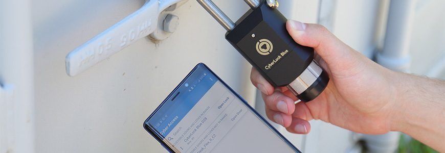 CyberLock Blue Padlock and CyberAccess app on phone